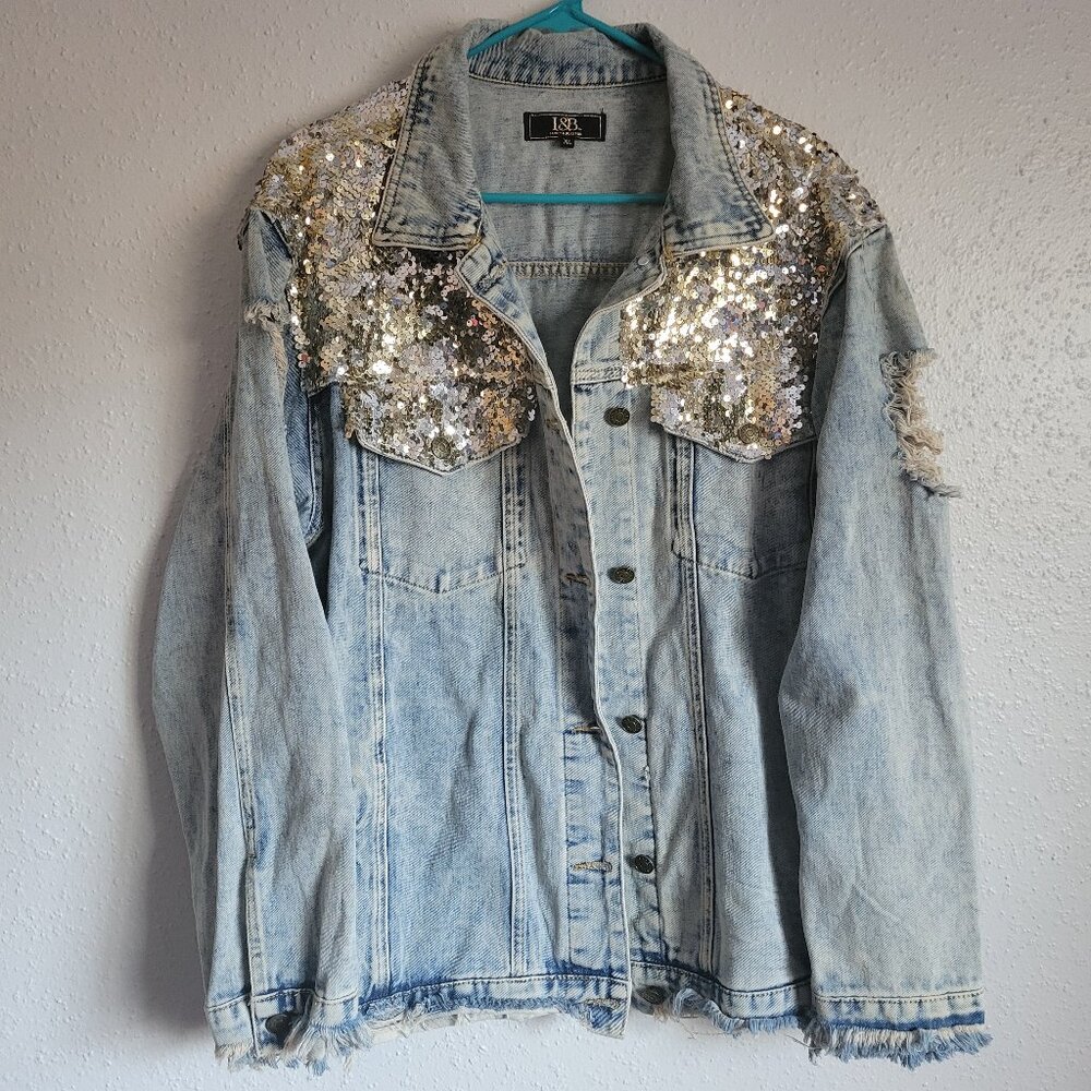 L&B Light Blue Denim Jacket with Gold Sequin Shoulders